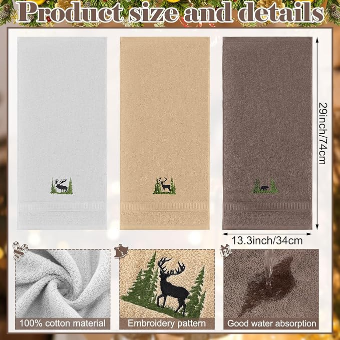 3 Pcs Farmhouse Cabin Bear Hand Towels Hand Towels for Bathroom | Embroidered Forest Moose Deer Design, 100% Cotton, Farmhouse Kitchen Holiday Decor, Absorbent Towels, Housewarming Gifts