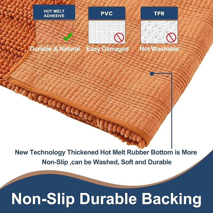 FLOLEOPA Non Slip Thick Shaggy Chenille Burnt Orange Bathroom Rug Sets 2 Piece, Thickened Hot Melt Rubber Bottom Bath Mats for Bathroom, Rugs Quick Dry Machine Washable Shower Mat