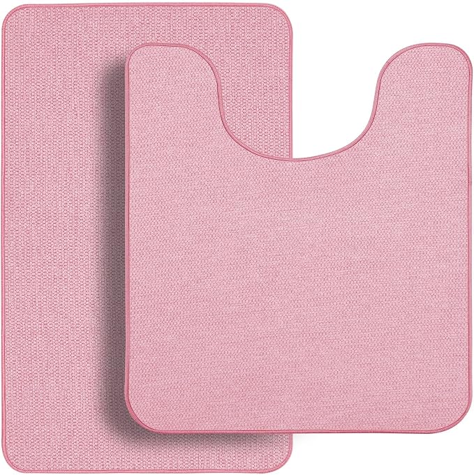Bosap Bath Mat Set 2 Pieces,Ultra Thin Bathroom Rugs,Rubber Toilet Rugs | Non Slip,Quick Dry,Machine Washable,Low Pile,Absorbent,Shower,Sink,Bathroom Decor.(Pink,17"x27" Plus 20"x24"U Shaped)