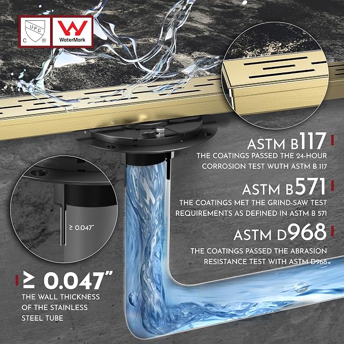 WEBANG 12 Inch Linear Shower Drain Rectangular Floor Drain with Accessories Rainline Pattern Cover Grate Removable SUS304 Stainless Steel CUPC Certified Brushed Gold