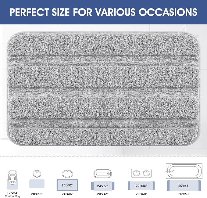 Striped Bathroom Rugs, Ultra Soft Plush Fluffy Microfiber Absorbent Bath Mat, Non-Slip Backing, Machine Washable Bath Mats for Bathroom Floor, Tub and Shower, Home Decor, Grey/24"x17"
