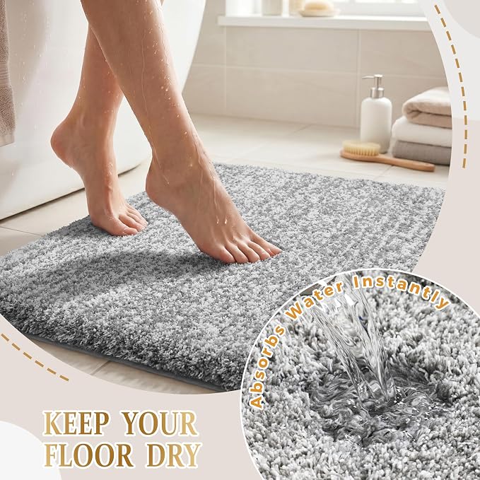 Yimobra Bathroom Rugs Non Slip Washable 32X20, Ultra Soft and Water Absorbent Bath Mats, Plush Fluffy Shower Mat Outside, Microfiber Thick Matts for Bathroom Floor/Tub, Light Gray and White