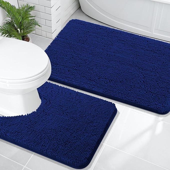 OLANLY Chenille Bathroom Rugs Mats Sets 2 Piece, 36"x24"+24"x20", Navy | Soft Absorbent Bath Mat and U-Shaped Contour Toilet Rug Set, Quick Dry, Machine Washable Bath Carpet, Home Decor Accessories