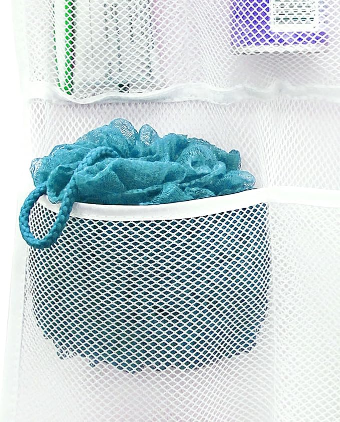 S&T INC. Shower Organizer and Caddy, 2 Pack, 14" x 30", White | Quick-Dry Mesh, 7 Pockets, Shower Caddy and Bathroom Organizer, Hangs on Existing Shower Curtain Hooks, Cruise Essential