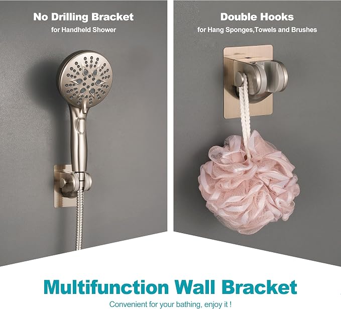 GwernKB Handheld Shower Head Holder with 2 Hanger Hooks,Strong Adhesive&Waterproof No Drilling Wall Mount Shower Bracket for RV and Kids&Elders,Install Any Height&Fix Firmly,Brushed Nickel