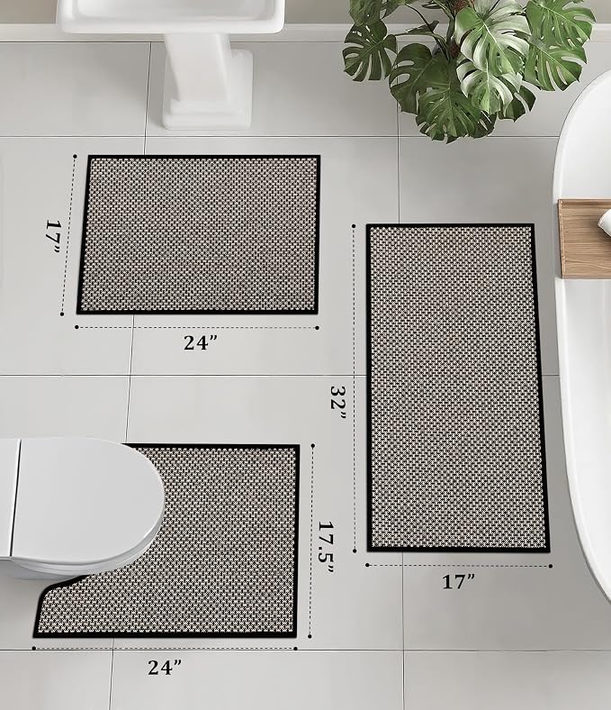 YIHOUSE Thin Bath Mat Black Bathroom Rugs Sets 3 Pieces, Non Slip Absorbent Bath Mats Quick Dry, Woven Braided Rugs Washable, Rubber Tapetes para Baño for Bathroom Toliet,Bathtub