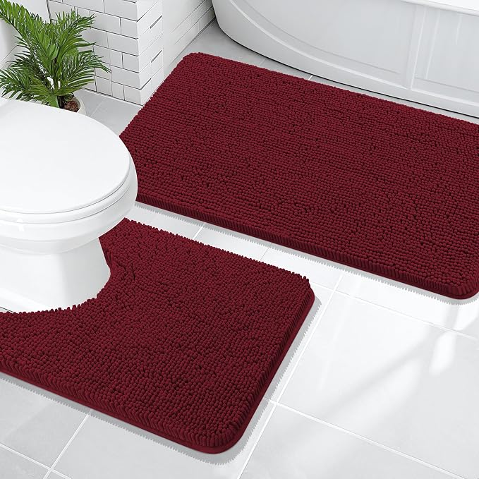 OLANLY Chenille Bathroom Rugs Mats Sets 2 Piece, 47"x20"+24"x20", Burgundy | Soft Absorbent Bath Mat and U-Shaped Contour Toilet Rug Set, Quick Dry, Machine Washable Bath Carpet, Home Decor Accessories