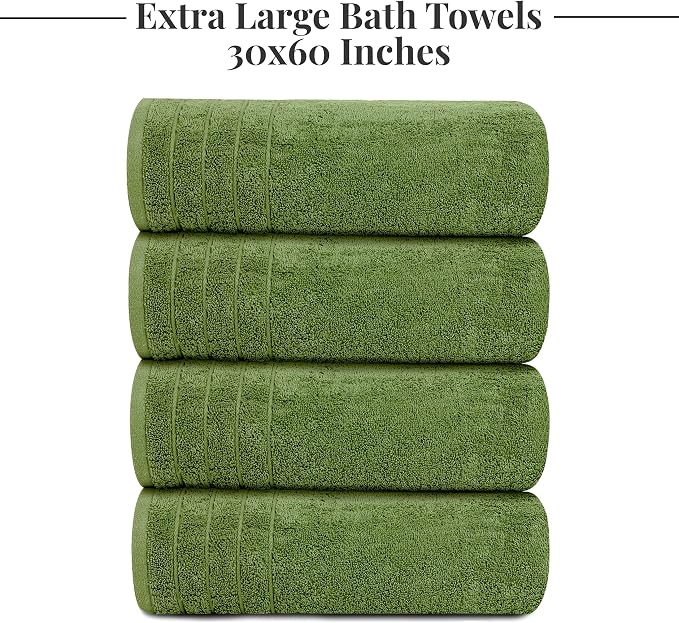 4 Piece Extra Large Bath Towels 30 x 60 Inches, Green | 100% Cotton, Larger & Lighter Weight, Quicker to Dry, Super Soft and Absorbent, Perfect for Bathroom