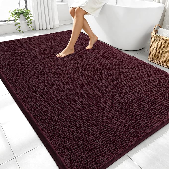 OLANLY Large Bathroom Rugs 70x46, Extra Soft Absorbent Chenille Bath Rugs | Black Cherry, Quick-Drying Rubber Backing, Washable Bath Mat for Bathroom Floor, Tub and Shower, Home Decor Accessories