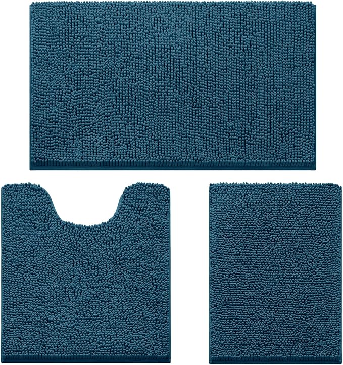 HOMEIDEAS Atlantic Blue Chenille Bath Rugs Set of 3, Non Slip Bath Mat | Super Absorbent, Soft Microfiber, Machine Washable, Stain Resistant, for Bathroom Decor