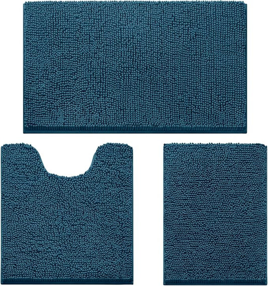 HOMEIDEAS Atlantic Blue Chenille Bath Rugs Set of 3, Non Slip Bath Mat | Super Absorbent, Soft Microfiber, Machine Washable, Stain Resistant, for Bathroom Decor