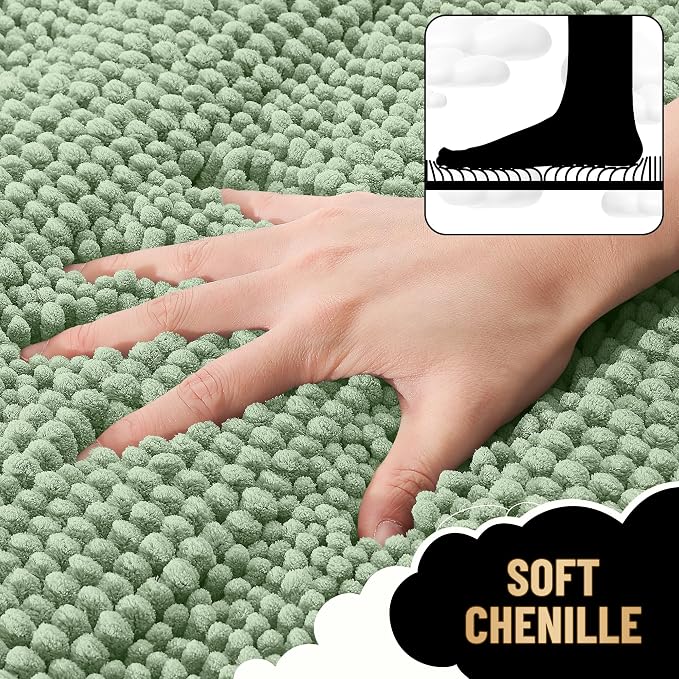 OLANLY Thick Chenille Bathroom Rugs Sets 3 Piece, 36"x24"+24"x16"+24"x20" | Sage Green, Absorbent Bath Mats and U-Shaped Contour Toilet Rug, Home Decor Accessories, Bath Mat Set for Bathroom