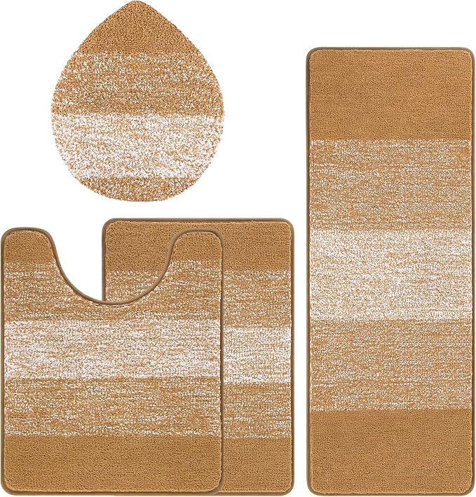 Bsmathom Bathroom Rugs Sets 4 Piece, Soft Absorbent Microfiber Bath Rugs with U-Shaped Contour Toilet Rug and Toilet Lid Cover, Thick Non-Slip Plush Shaggy Bath Mat Set,Turmeric