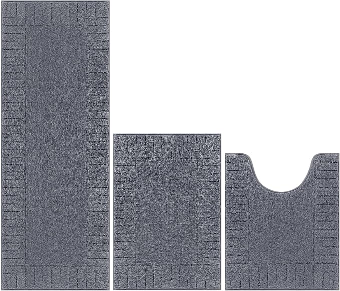Pauwer Bathroom Rugs Sets 3 Piece, Microfiber Bath Mat Set, Dark Grey | Non Slip Washable, Soft Plush, Extra Absorbent Bath Mats, U Shaped Contour Toilet Rug for Bathroom