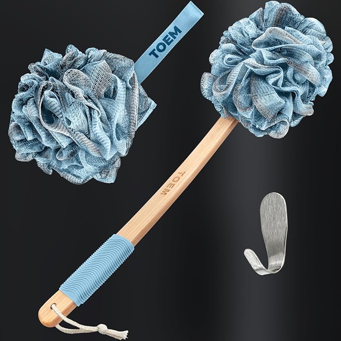 Toem® Loofah Back Scrubber for Shower | Bamboo Charcoal | Long Handle | Luffa & loofa for men & women | Bath sponge | Kit: long-handled scrubber + pouf + hook | Body wash scrub stick | Sky Blue