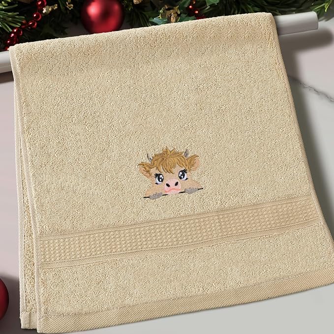 3 Pcs Mini Highland Cow Baby Hand Towels for Bathroom Kitchen Decor | Embroidered Calf Design, 100% Cotton, Farmhouse Bathroom Kitchen Decor, Absorbent Towels, Holiday Housewarming Gifts