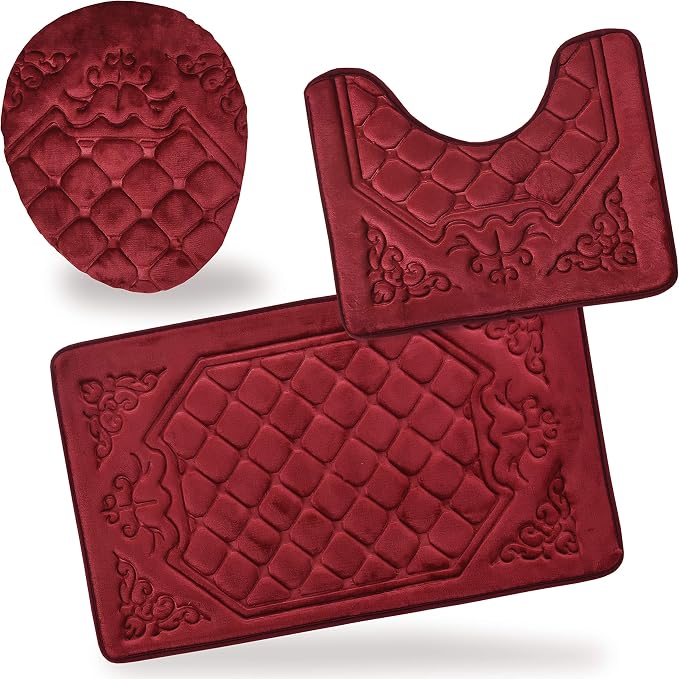 All American Collection 3PC Memory Foam Bath Mats Soft Plush Crown Design Anti-Slip Shower Bathroom Contour Toilet Lid Cover Rugs (Burgundy)