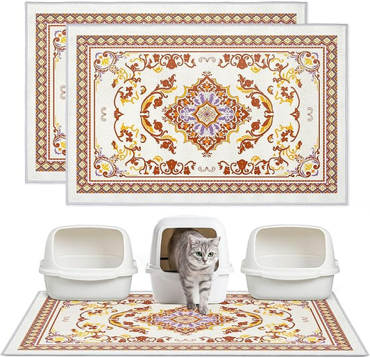 2 Pack Washable Cat Litter Mat 48"x36" Waterproof Trapping Pad | Kitty Litter Box Mat Featuring A Non-Slip Base And Decorative Design To Trap Scatter For Home Floor Protection
