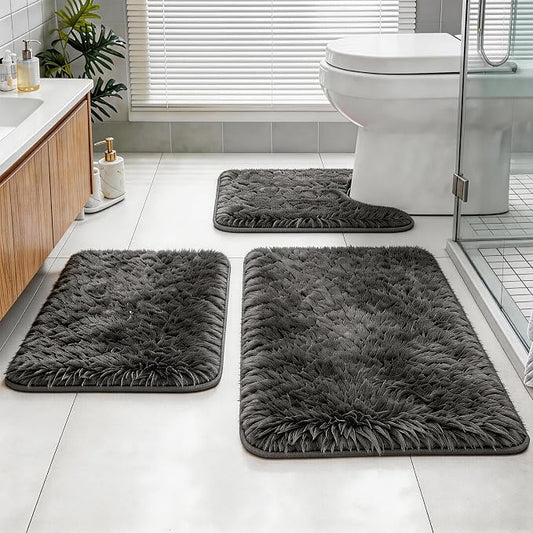 Shaggy Bathroom Rugs Set Plush Velvet Bath Rugs Non-Slip Bath Mat Set 3 Piece,Washable Mats,Absorbent Shaggy Rugs Super Soft U-Shaped Toilet Rug,Bahroom Carpets for Bathroom,Tub,Shower(Grey
