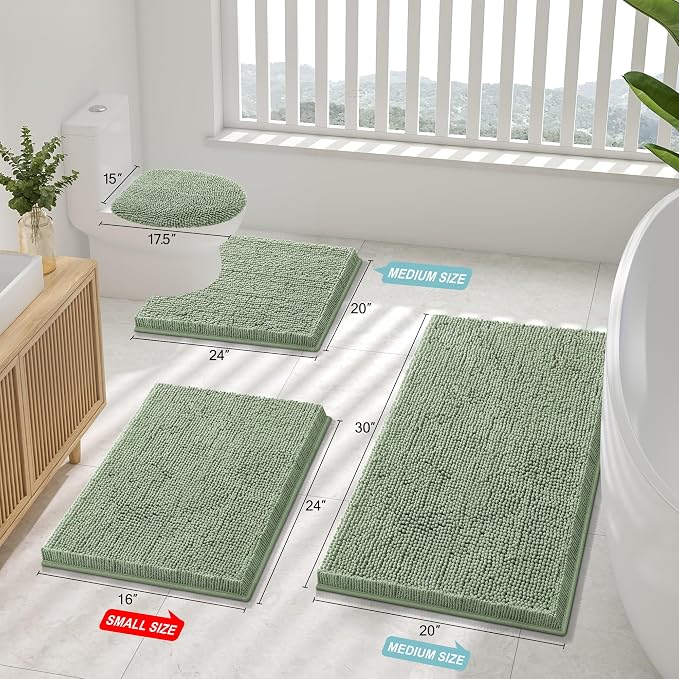 Smiry Chenille Bathroom Rugs Sets 2 Piece (47x20+30x20, Sage Green) | Soft Absorbent Machine Washable Non Slip Shaggy Bath Rug Set for Tub, Shower, and Floor, Home Decor