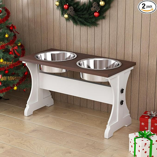 Piskyet Elevated Dog Bowls,Dog Bowl Stand, 9Cups 13.8"H_80oz Bowl-Farmhouse | Farmhouse Dog Bowls Stand, Raised Dog Bowl with 2 Stainless Steel Wooden Dogs Bowls for Medium Large Size Dogs