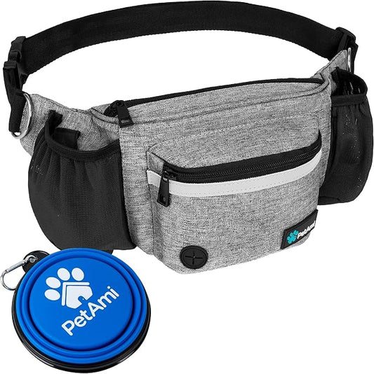 PetAmi Dog Fanny Pack, Treat Pouch for Dog Walking Training, Light Gray | Built in Poop Bag Dispenser, Water Bottle Holder, Collapsible Bowl, Pet Treat Waist Belt for Hiking Running Kibbles