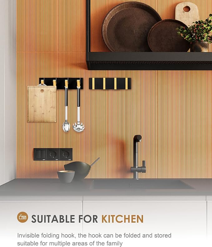 2 Pack，Waterproof Towel Hooks for Bathroom，Foldable Black Gold Coat Hooks，Free Perforated，Wall Hooks for Coat，Black Towel Hook，Robe Hook，for Balcony，Kitchen.