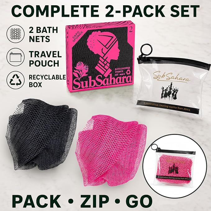 Authentic African Net Sponge, 2 Pack 45-Inch Exfoliating Bath Sponge and Shower Loofah for Body and Back, Colorfast Quick-Dry Knotted Mesh Scrubber with Travel Pouch (Black & Pink)