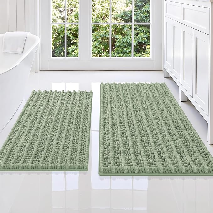 Smiry Bathroom Rugs Sets 2 Piece (36x24+30x20), Extra Soft Bath Mats | Sage Green Soft Absorbent, Rubber Backing Machine Washable Quick Dry Chenille Bath Rug Set for Tub, Shower, and Floor