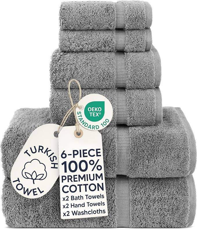 Chakir Turkish Linens 100% Cotton 6-Piece Towel Set, Gray | 100% cotton 6-pc set, OEKO-TEX certified: 2 bath 27x54, 2 hand 16x30, 2 washcloths 13x13