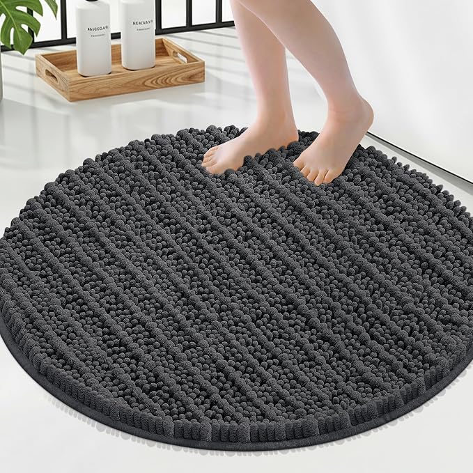 Smiry Bathroom Rugs Round 24X24, Extra Soft Rubber Backing Bath Mats | Dark Grey Machine Washable Non Slip Quick Dry Bath Mats for Bathroom Floor, Tub, Shower, Home Decor Accessories
