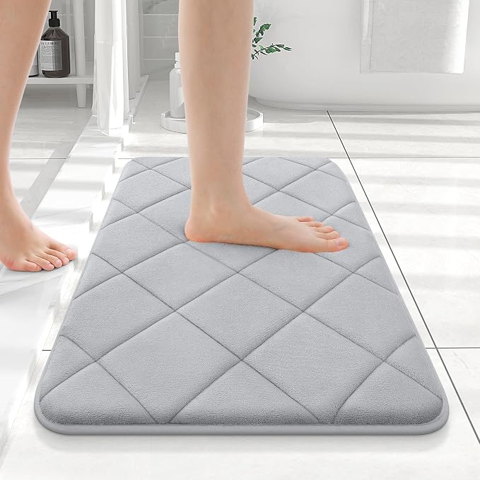 OLANLY Memory Foam Bath Mat 24x16, Ultra Soft and Absorbent Bathroom Rugs | Light Gray, Quick Dry, Machine Washable Shower Bath Rugs, Comfortable Bath Carpet for Bathroom Floor, Tub and Shower