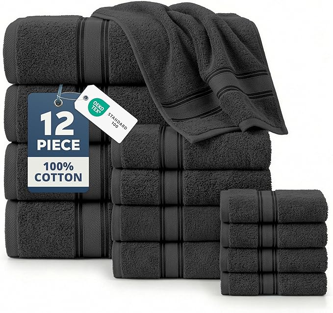 LANE LINEN Bath Towel Set Quick Dry 100% Cotton 12 Piece Soft - Black | Cotton Bath Towels - Classic Terry Weave, Densely Woven, Coordinated Colors, Dobby Border Accent, OEKO-TEX Certified