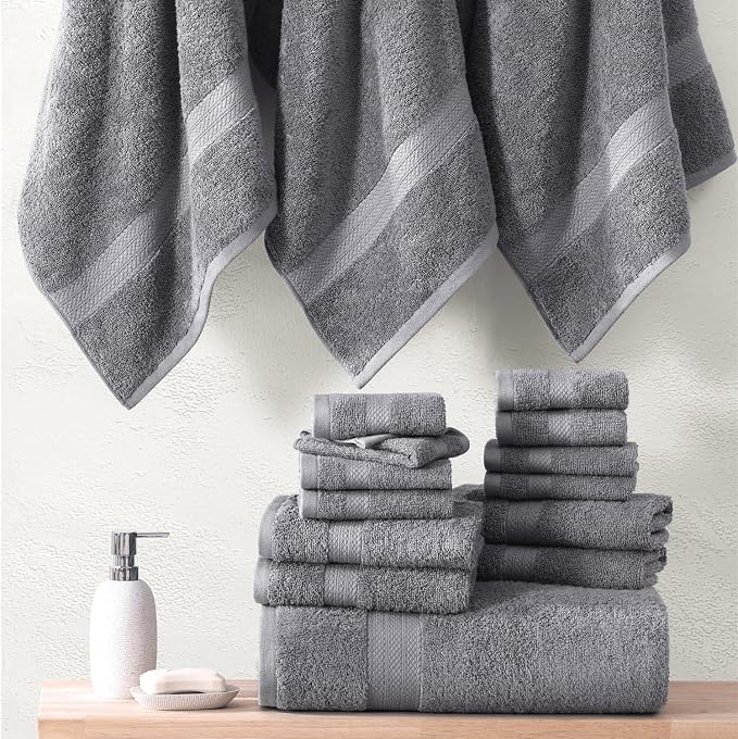 LANE LINEN Towel Set Soft Absorbent Quick Dry 100% Cotton 18 Piece - Grey | Cotton Bath Towels - Lightweight & Breathable, Fade-Resistant Color, Classic Terry Weave, Densely Woven & Durable