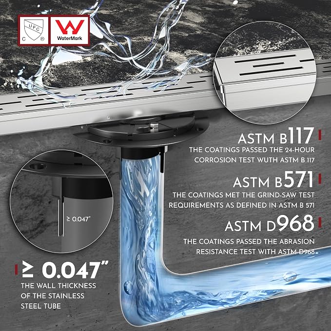 WEBANG 24 Inch Linear Shower Drain Rectangular Floor Drain with Accessories Rainline Pattern Cover Grate Removable SUS304 Stainless Steel CUPC Certified Brushed