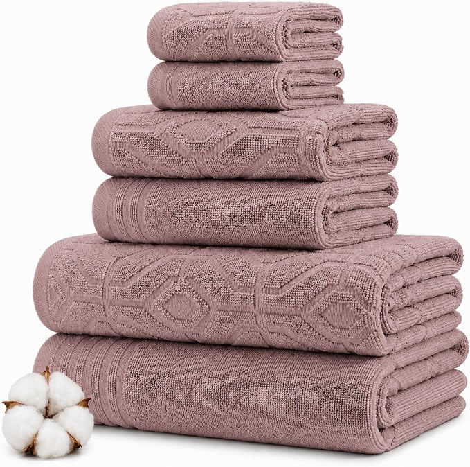 Modern Threads 6 Piece Cotton Bath Towel Set – Ultra Soft 550 GSM Towels – Bathroom Set with Hand Towels and Washcloths – Geometric (Blush)