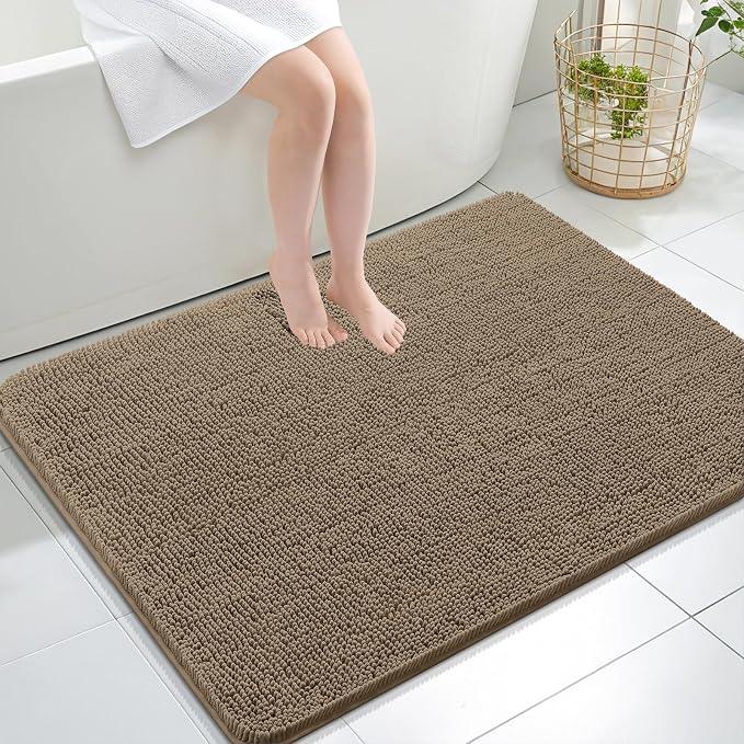 OLANLY Large Bathroom Rugs 40x32, Extra Soft Absorbent Chenille Bath Rugs | Tan, Quick-Drying Rubber Backing, Machine Washable Bath Mat for Bathroom Floor, Tub and Shower, Home Decor Accessories