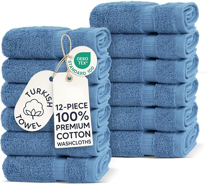 Chakir Turkish Linens 100% Cotton 12-Pack Washcloths 13x13, Wedgewood | 100% cotton washcloths, 12-pack 13x13, OEKO-TEX certified, soft absorbent face towels