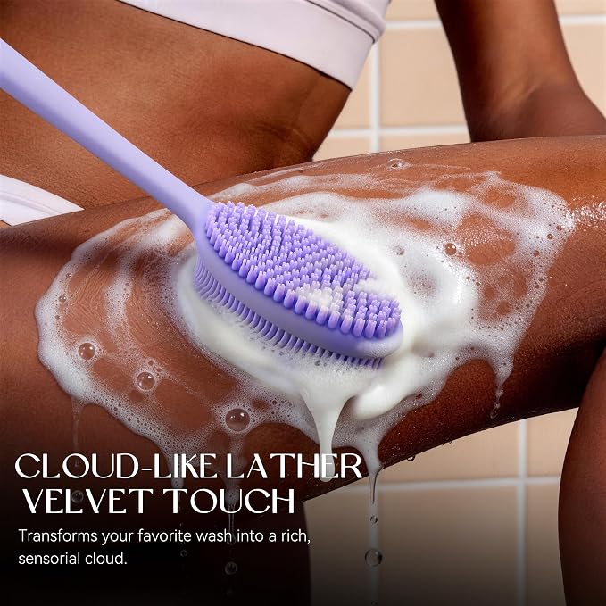 CORATED Silicone Back Scrubber for Shower, 2‑in‑1 Body Brush with Handle | Exfoliating Body Scrubber for Women & Men Daily Use, Loofah Alternative Bath Accessories