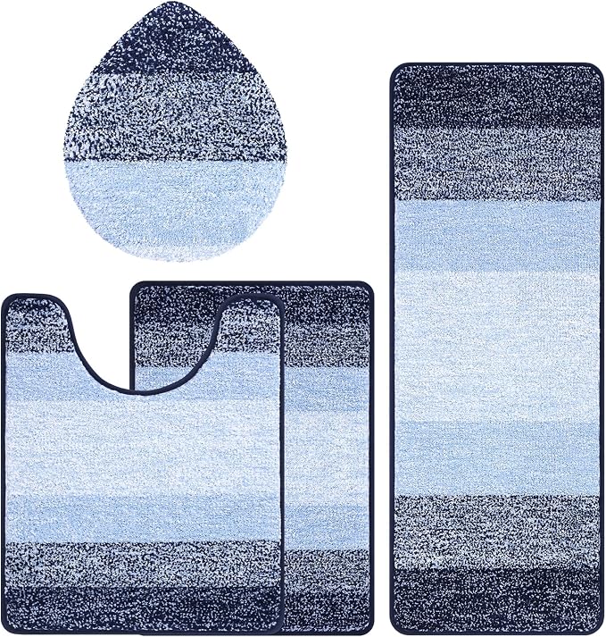 Bsmathom Bathroom Rug Set 4 Piece, Plush Microfiber Bath Mat, Navy Blue | Extra Water Absorbent, Non Slip Washable Runner Bath Rugs with Toilet Lid Cover and U-shaped Contour Toilet Mat