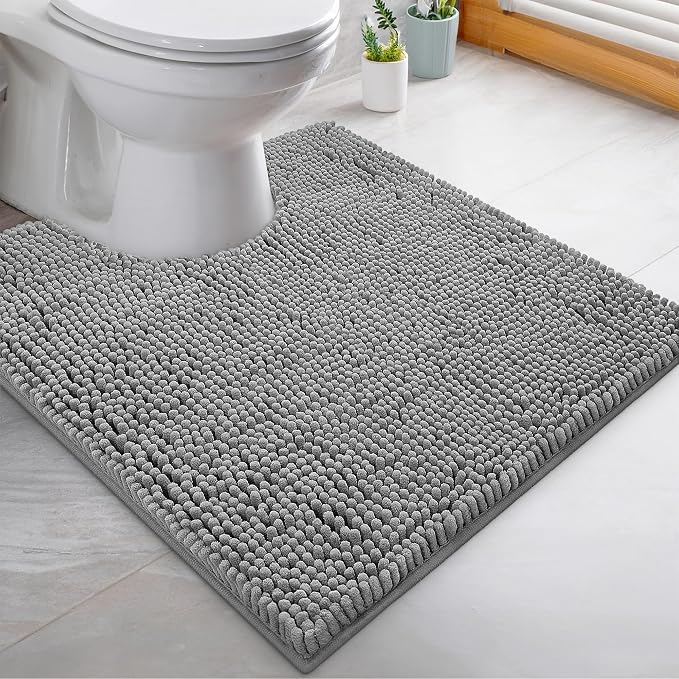 LuxUrux 2-Piece Bathroom Rug Set – Plush Chenille Runner & U-Shaped Toilet Mat, Soft, Absorbent & Non-Slip Design (20x20 U & 27x47 inches, Light Grey)