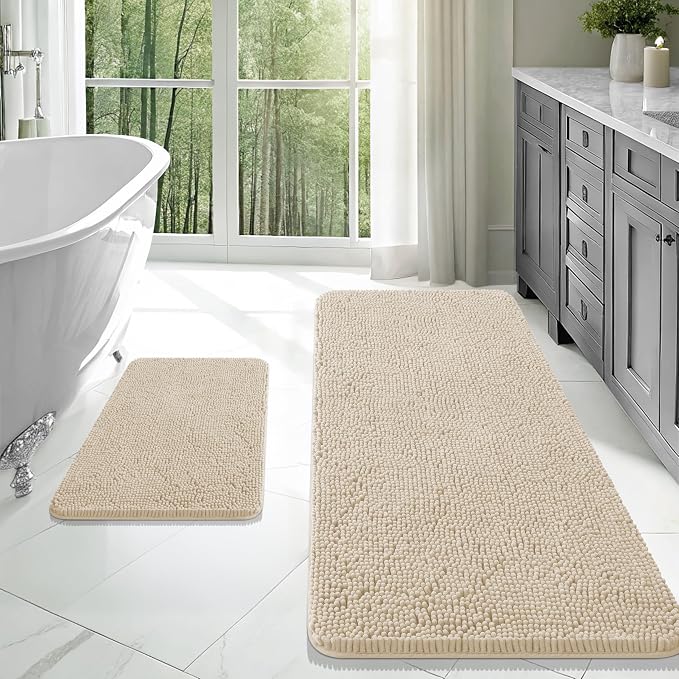 OLANLY Chenille Bathroom Rugs Mats Sets 2 Piece, 47"x20"+24"x16", Sand | Ultra Soft Absorbent Bath Rugs Set, Rubber Backing Non-Slip, Quick Dry, Machine Washable Bath Carpet, Home Decor Accessories