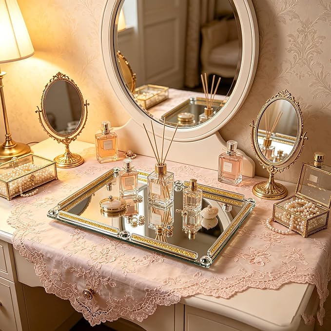 Large Mirror Perfume Tray for Dresser,Crushed Diamond Filled Glass Vanity Tray,Gold Decorative Bathroom Tray,Crystal Tray for Home Decorative,Party,Hotel Banquet,15.7x11.8x1.4inch,Gold