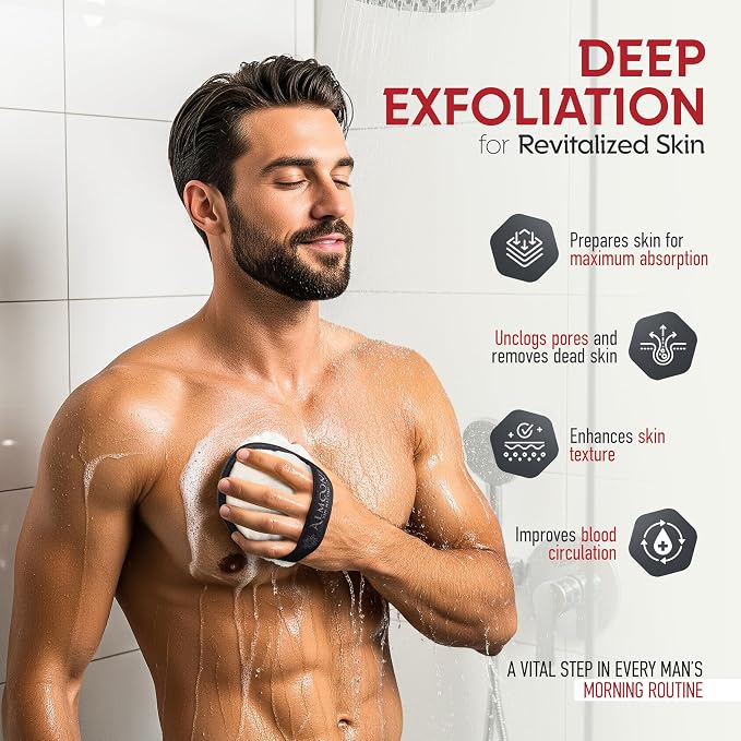 ALMOONI Loofah Sponge Body Scrubber for Men, Black, 2 Count | Natural Egyptian Loofah with Handle Strap, Dual-Sided with Cotton Back, Exfoliating Body Scrubber Loofah for Men