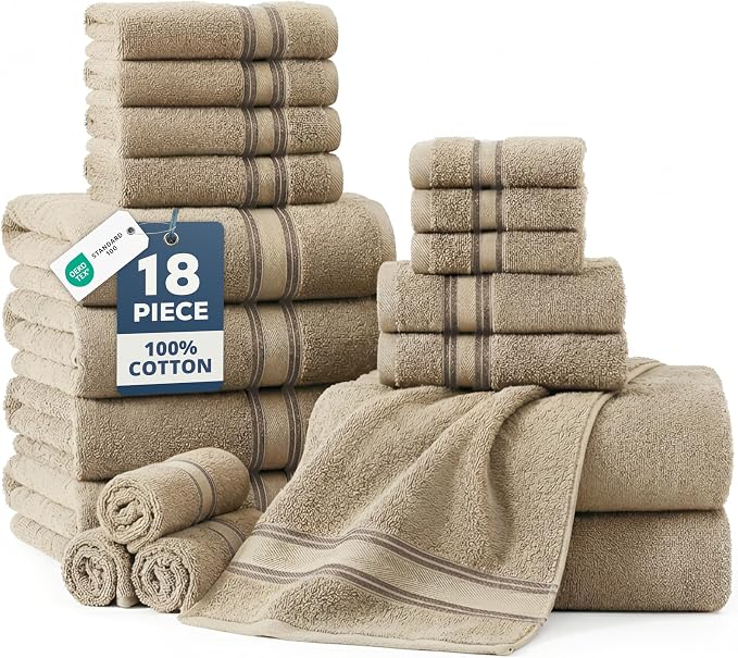 LANE LINEN Bathroom Towel Set 18 Piece Soft Absorbent Quick Dry - Taupe | Set Of Towels - Coordinated Colors, Everyday Durability, OEKO-TEX Certified, Zero-Twist Durability