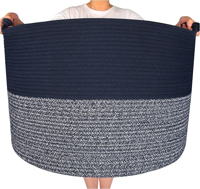 MINTWOOD Design Extra Large 22 x 16in Decorative Woven Cotton Rope Blanket Storage Basket Bin Living Room with Handles and Laundry Hamper for Pillows, Pool Towels, Dog Toys, Shoes, Navy Blue