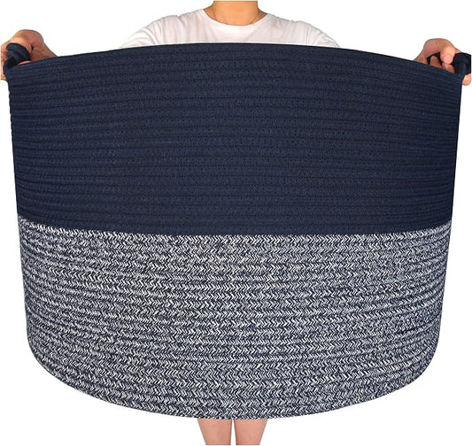 MINTWOOD Design Extra Large 22 x 16in Decorative Woven Cotton Rope Blanket Storage Basket Bin Living Room with Handles and Laundry Hamper for Pillows, Pool Towels, Dog Toys, Shoes, Navy Blue