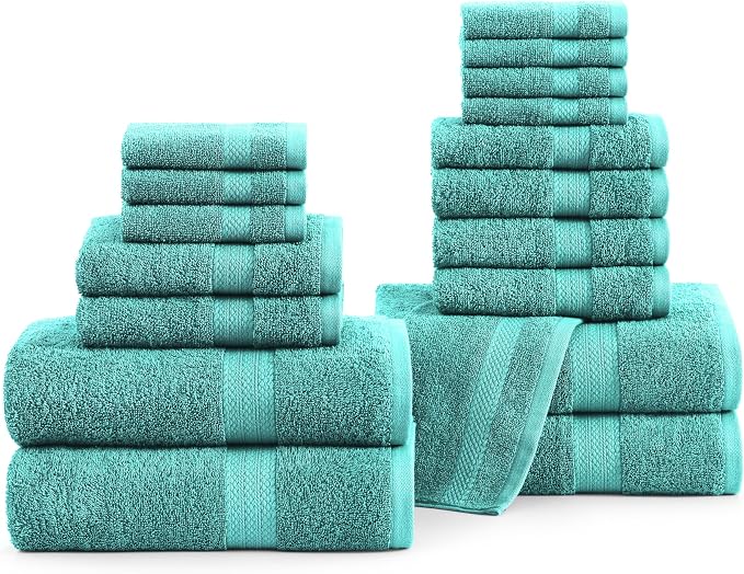 LANE LINEN Towel Set 18 Piece Soft Absorbent Quick Dry 100% Cotton - Teal | Dorm Towel Set - Terry Weave Comfort, Soft & Long-Lasting, Hotel-Style Look, Gets Softer With Every Wash, Machine Washable