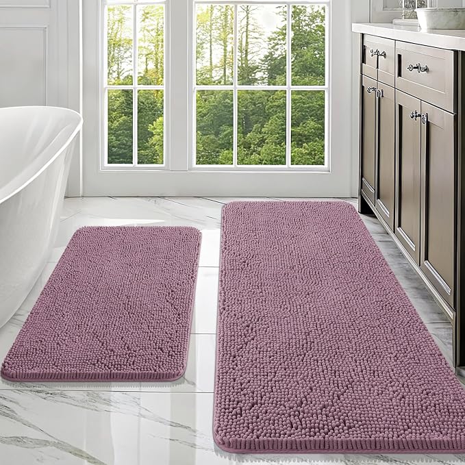 OLANLY Chenille Bathroom Rugs Mats Sets 2 Piece, 47"x20"+30"x20", Deep Plum | Ultra Soft Absorbent Bath Rugs Set, Rubber Backing Non-Slip, Quick Dry, Machine Washable Bath Carpet, Home Decor Accessories
