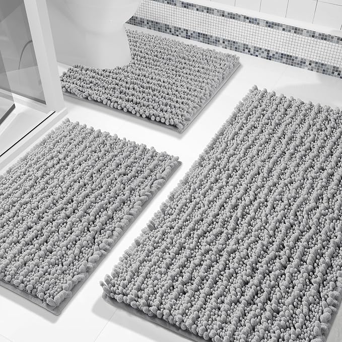 Yimobra Bathroom Rug Set 3 Piece, Super Water Absorbent Bath Mat Set, Grey | Quick Dry Soft Chenille Bath Rugs & Toilet Rug, Non Slip Machine Washable, Extra Thick Shaggy Floor Mat for Shower Tub Sink